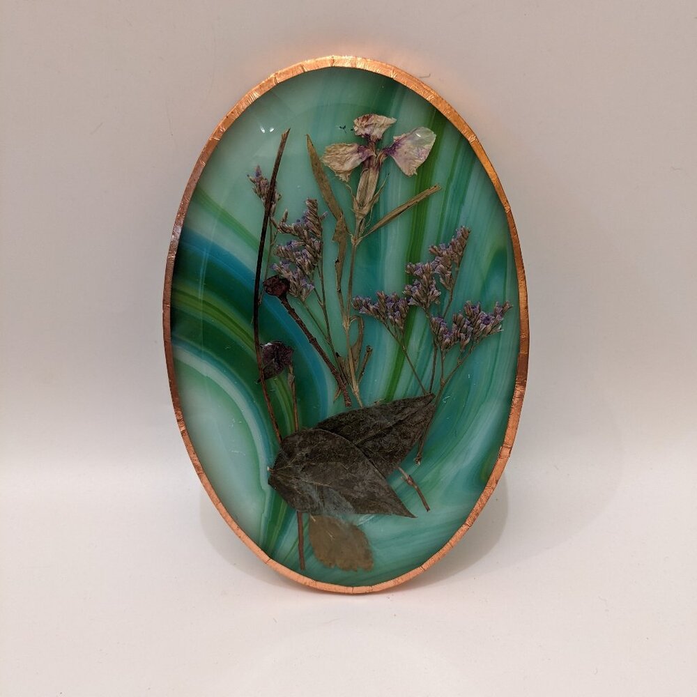 Vintage 70s Dried Flower Art | Oval Copper Frame | Pressed Wildflowers in Resin